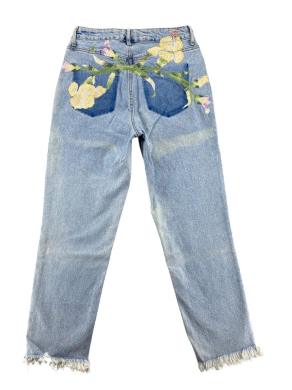 Guess 1981 Straight Jeans Womens 27 Floral Embroidered Raw Hem Light Wash